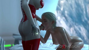hot sci fi android dickgirl plays with a sexy horny blonde in the space station